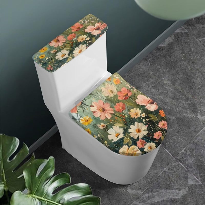 Flashideas Floral Print Bathroom Toilet Lid Covers and Tank Cover Set Super Soft Toilet Tank Cover Seat Covers Toilet Lid Cover Set for Bathroom Decor Easy to Clean - Image 2
